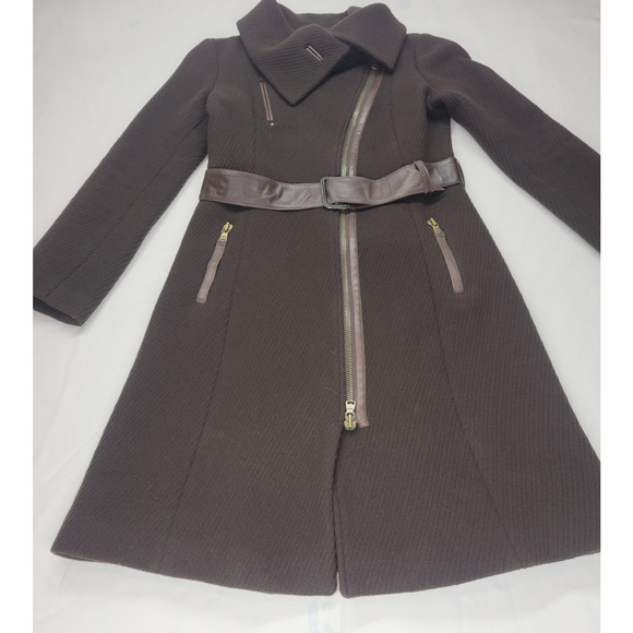 Mackage Asymmetrical Long Trench Coat Wool Coat P/S Chocolate Brown Leather - Picture 9 of 16